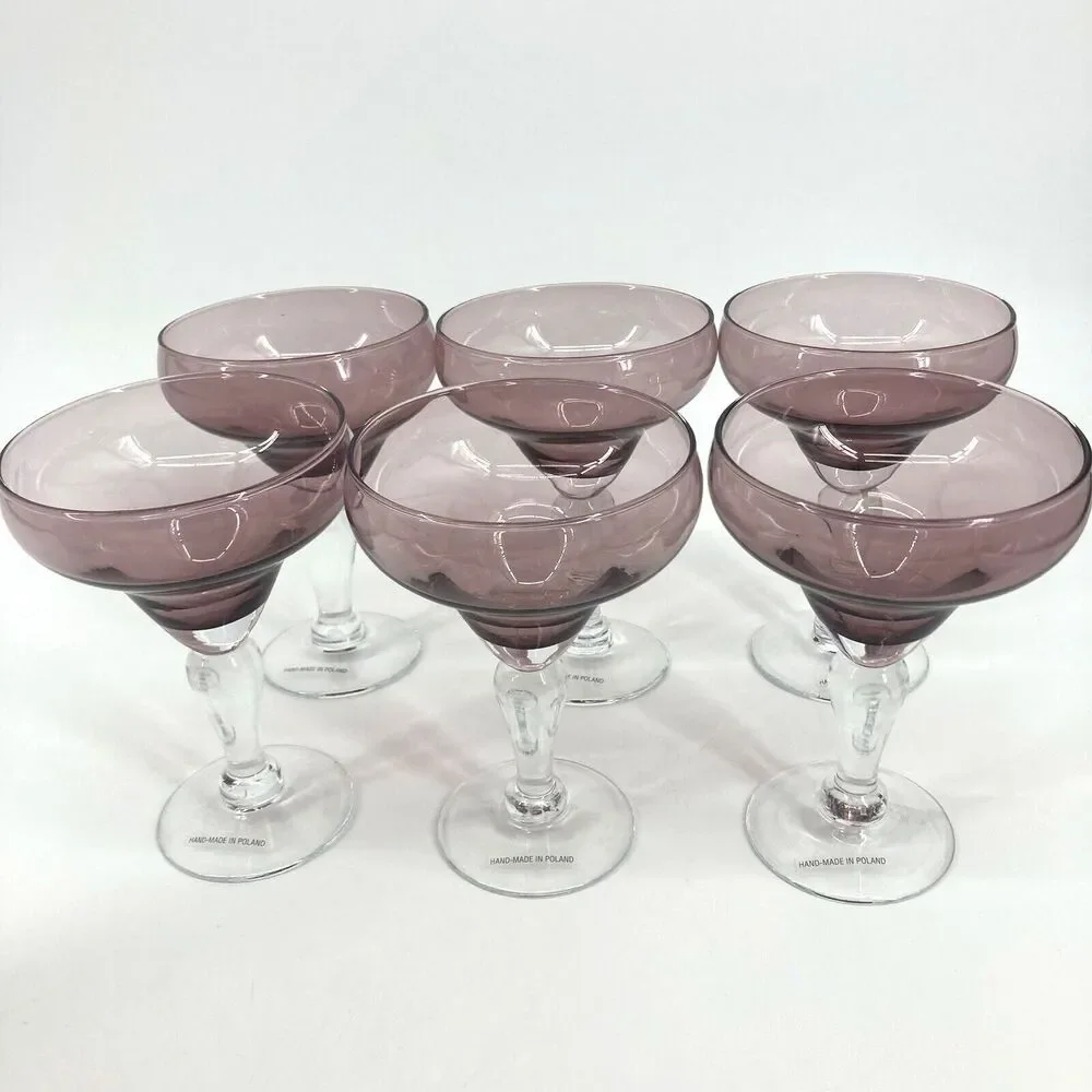 Poland Amethyst Purple Blown Glass Pitcher 6 Margarita Glasses Handmade Barware